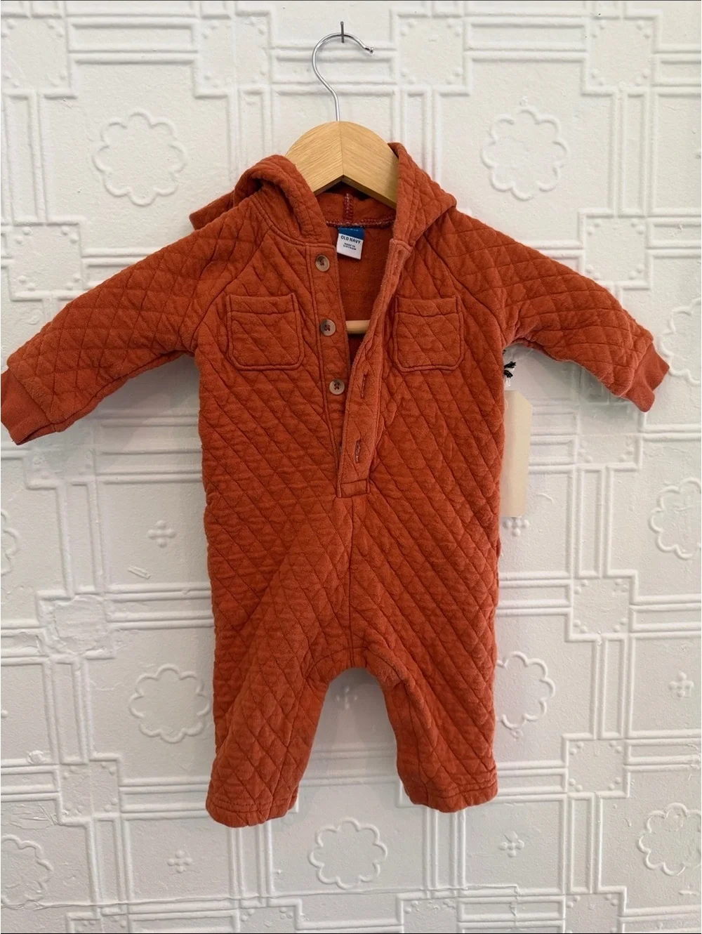 Old Navy Quilted Hooded One-Piece Jumpsuit Rust Orange 3-6M